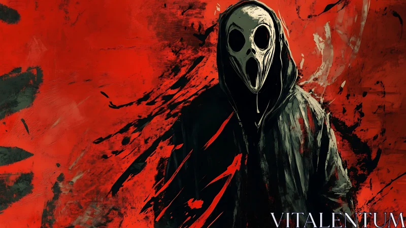 Hooded echo of terror ripples through a blood-red canvas