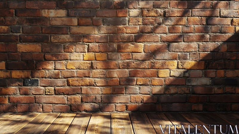 Sunlit red brick wall and wooden floor interior background.