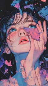 Woman gazes upward through neon pink and blue paint splashes