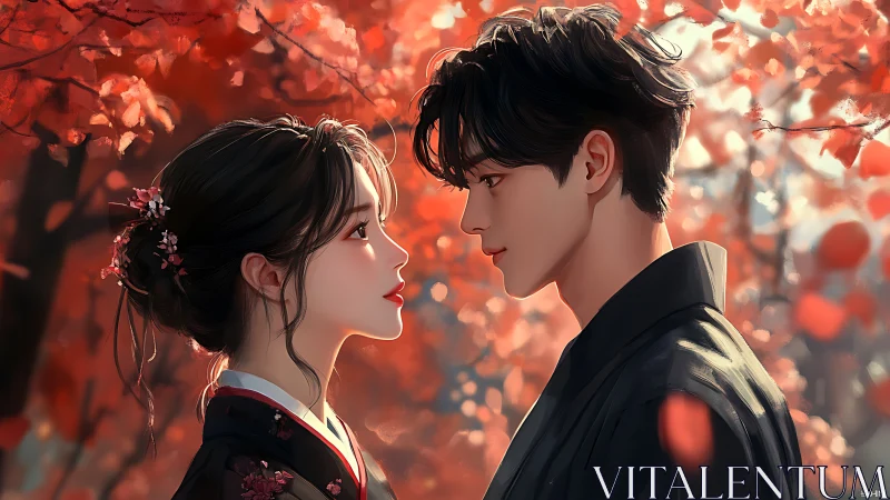 Autumn anime couple under red foliage in warm backlighting