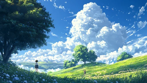 Bright hilltop meadow with two figures under vast clouds.