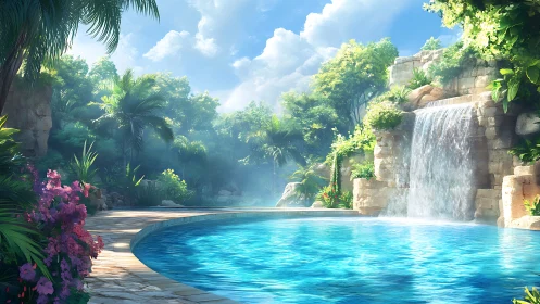 Sunlit jungle lagoon with a tranquil waterfall pool escape.