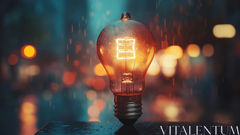 Illuminated lightbulb stands on wet surface in urban rain