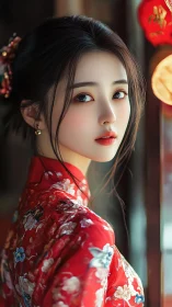 Digital portrait woman in red floral hanfu by lanterns.