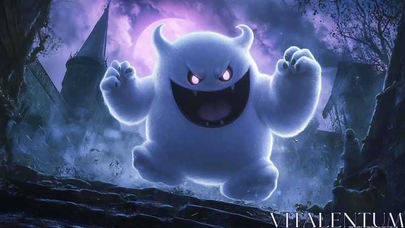 Playful fluffy ghost monster glowing in a moonlit alley.