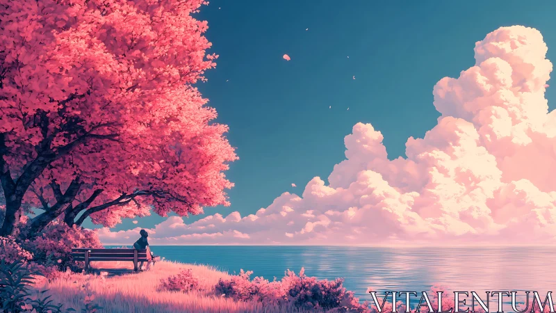 Solitary figure rests beneath pink tree beside luminous sea