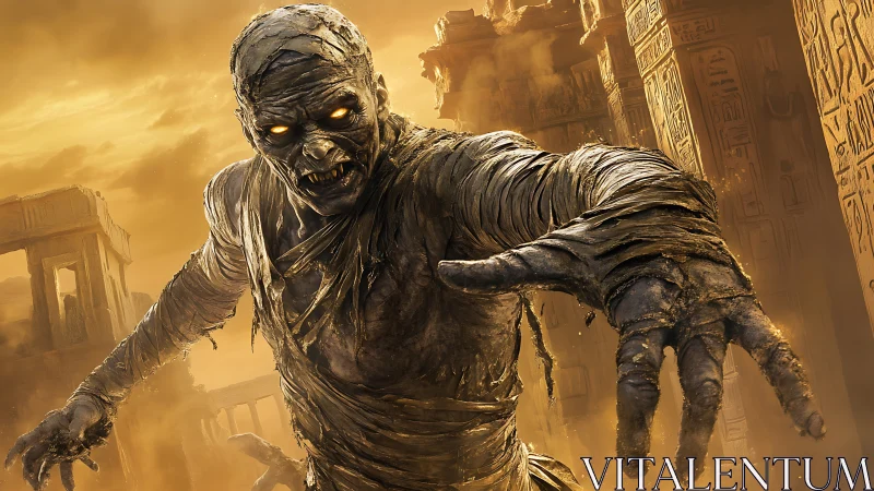 Cursed desert mummy lunges from crumbling golden ruins.