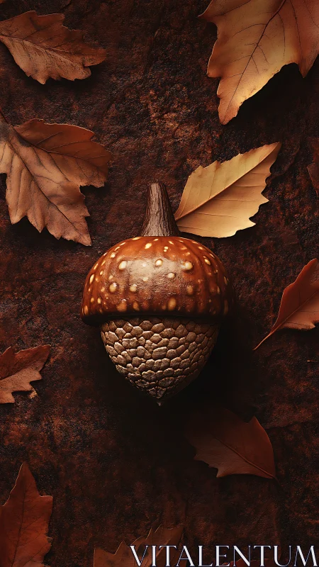 Cozy autumn acorn still life on warm russet forest floor.