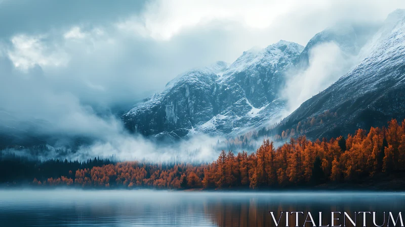 Cold alpine lake reflects misty peaks and saturated autumn forest