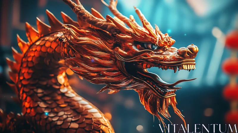 Radiant copper dragon bust with cinematic depth of field.