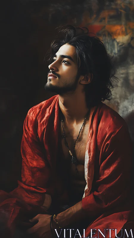 Velvet gaze in ember light, a quiet storm in red silk.