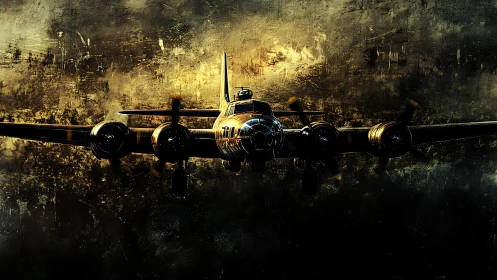 Stormlit warbird charging through smoky metallic dusk.