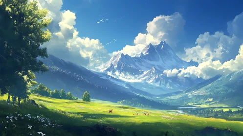 Sunlit alpine meadow opens toward towering snowy peaks.