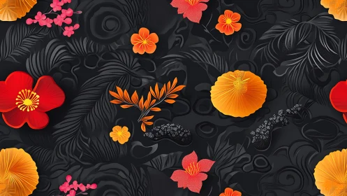 Vibrant Floral Pattern on Black Background with 3D Depth