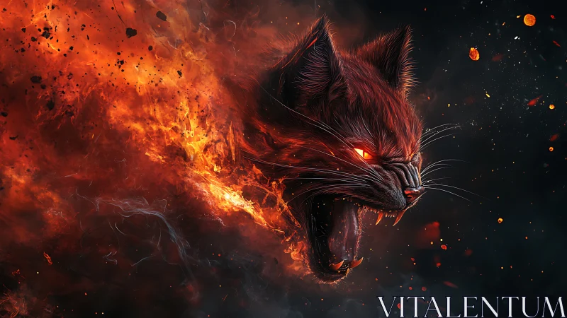 Volumetric inferno cat head with glowing embers and smoke