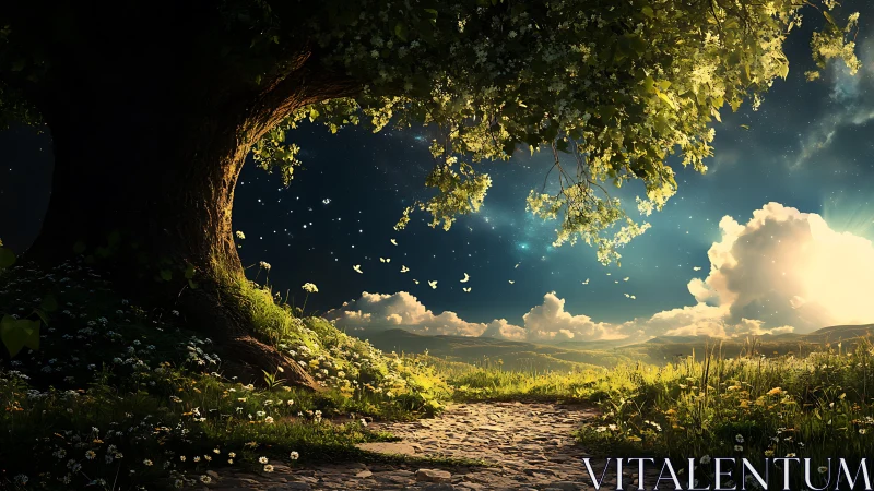 Luminous oak threshold framing nocturnal valley horizon path.