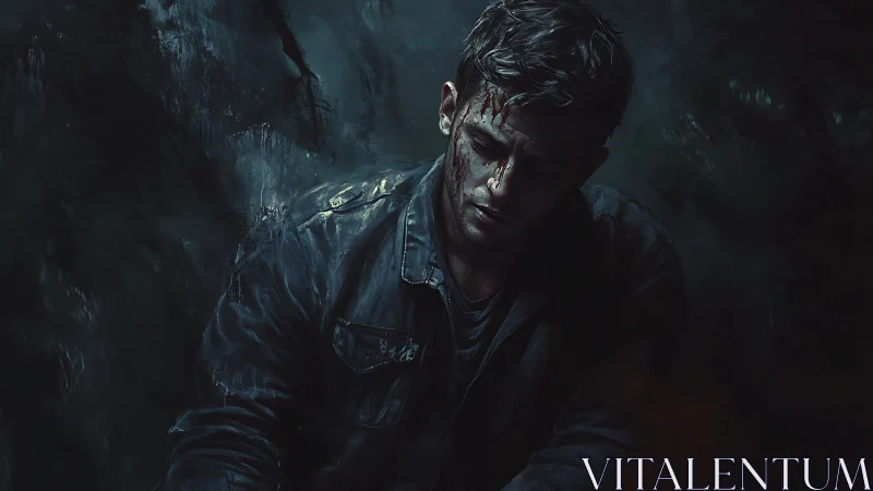 Injured man in dark forest setting, illuminated by dim light.