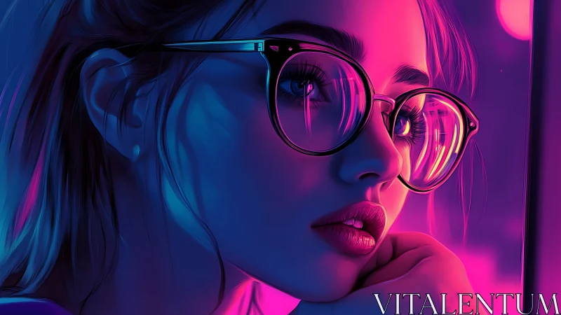 Neon nightdream girl in oversized glasses and city reflections.