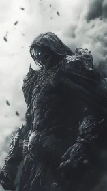 Mysterious armored wraith stands calm in stormy twilight.