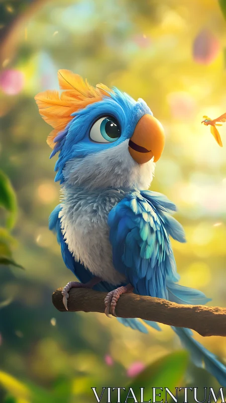 Bright blue baby bird gazes at a golden firefly in wonder