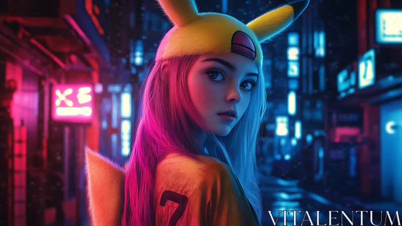 Neon-lit city portrait captures a Pikachu-cosplay girl at night