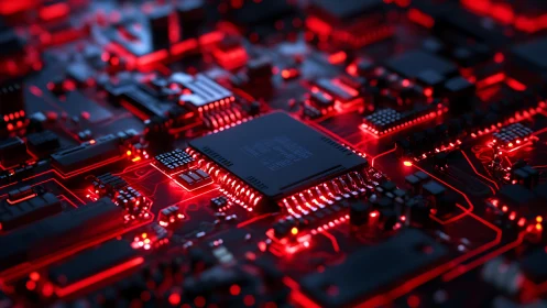 Red circuit city where microchips glow like molten streets.