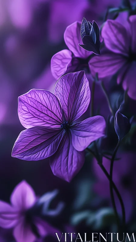 Purple petals in silhouette unfold against luminous violet background.