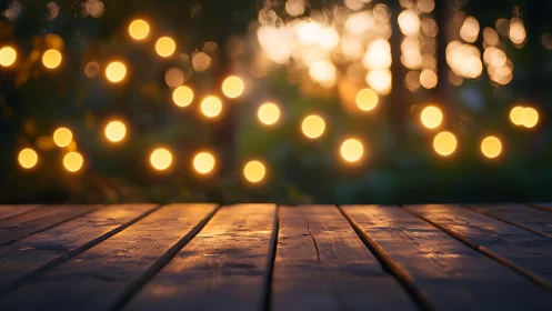 Twilight wooden table waits beneath drifting bokeh fireflies