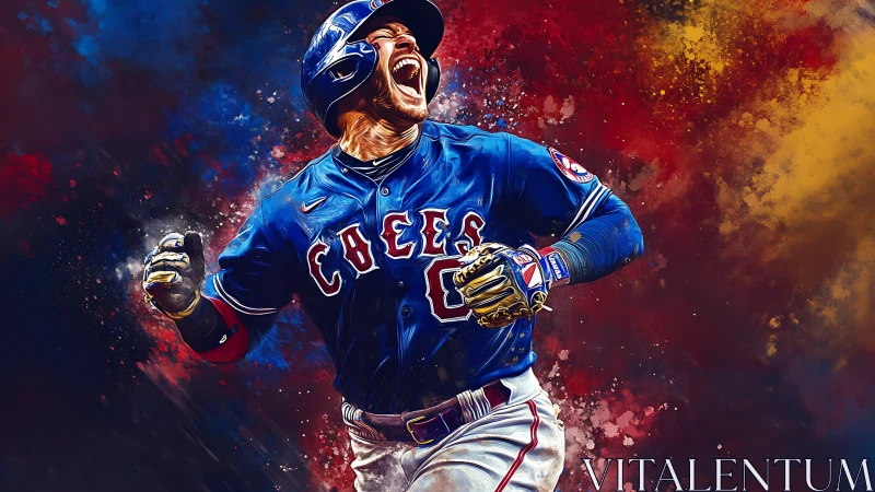 Baseball player in blue uniform amid abstract color field.