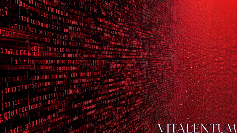 Red binary code matrix forming dense digital data wall.