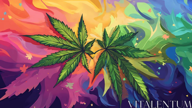 Twin cannabis leaves drifting on a swirling rainbow cosmos.