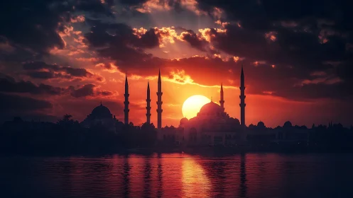 Backlit mosque skyline frames low solar disk amid dense clouds