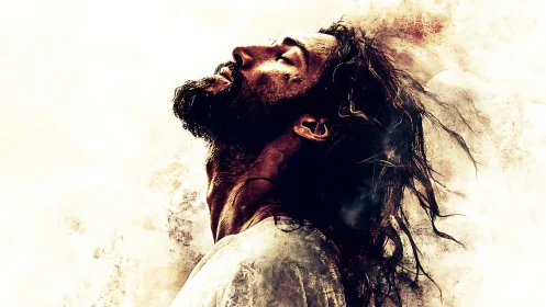 Side profile of bearded man looking upward in textured light