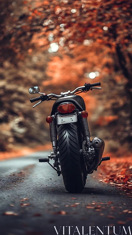 Photorealistic rear motorcycle study in autumn bokeh field.