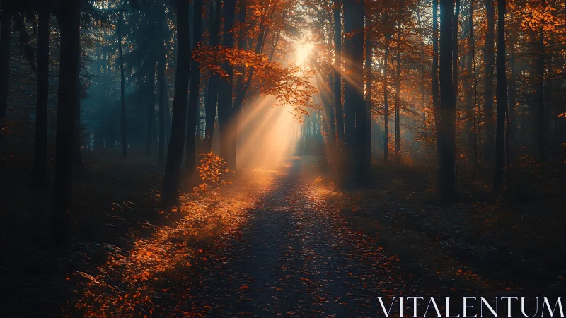 Autumnal Forest Corridor with Directional Crepuscular Illumination.