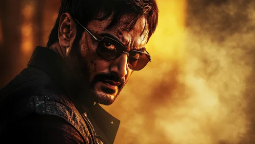 Brooding sunglasses glare framed by molten sunset haze.