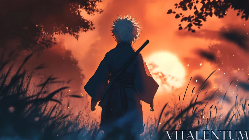 Lone white haired swordsman stands before burning sunset.