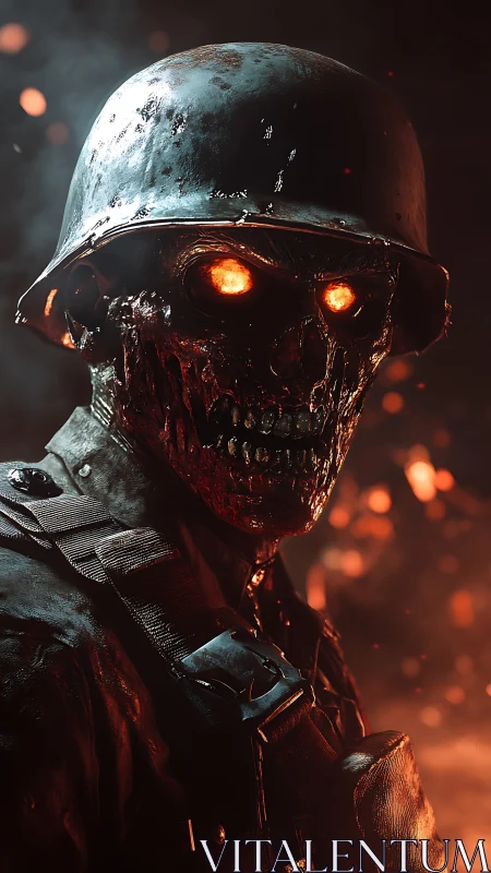 Burning-eyed undead soldier in scorched cinematic armor.