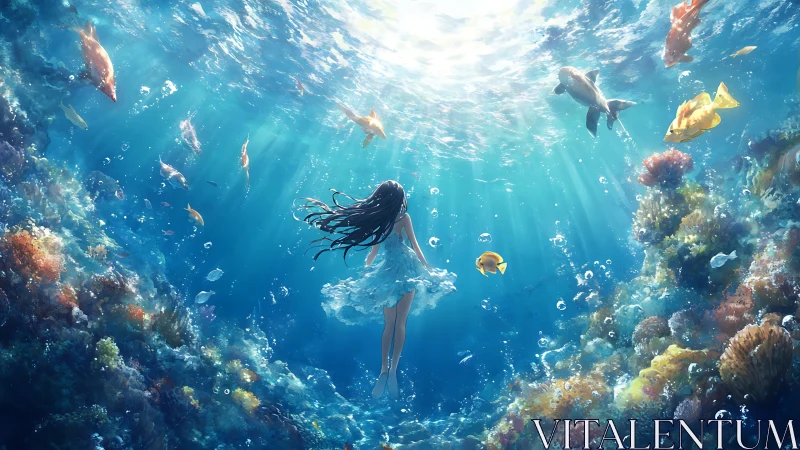 Girl drifts through sunlit underwater world of coral life.