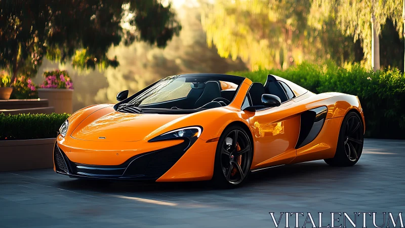 Orange supercar convertible sits on sunlit modern driveway