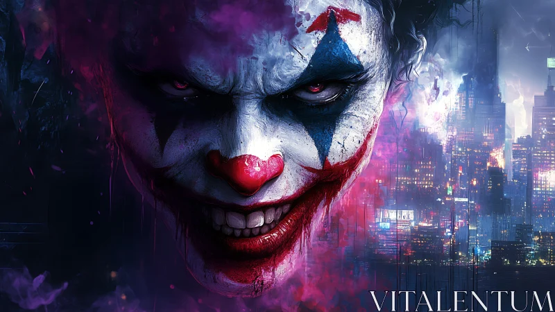 Close clown face with cityscape background is centrally framed