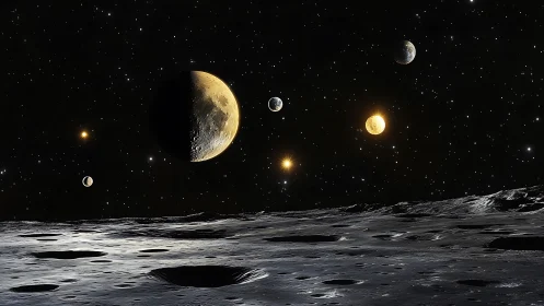 Starlit moons drift quietly above a rugged alien horizon