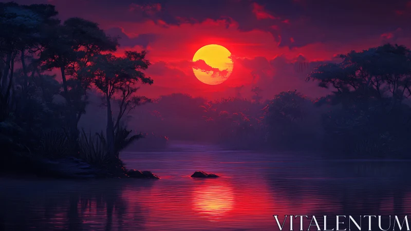 Crimson jungle sunset sinks over tranquil misted river