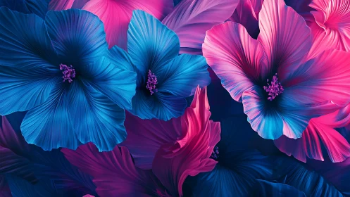 Neon hibiscus bloomstorm in electric midnight blues and pinks.