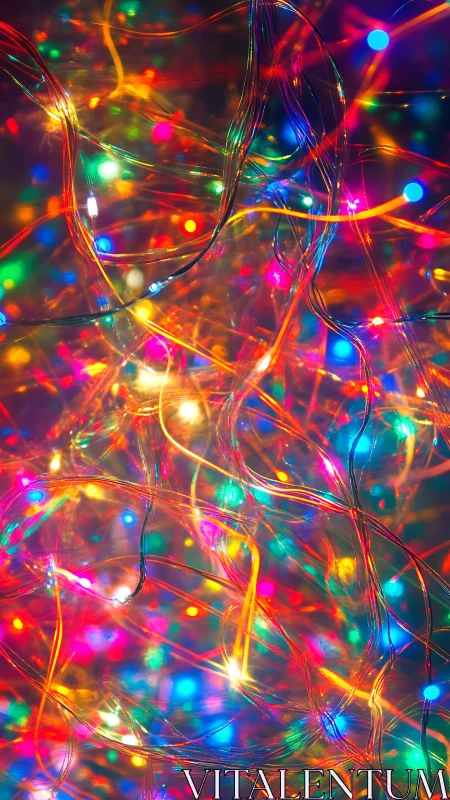 Tangled multicolor fairy lights glow in a festive blur.