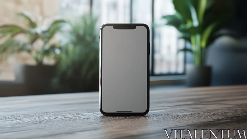 Modern smartphone with edge-to-edge display and notch design positioned on wooden desk surface