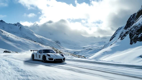 White GT race car powers through dramatic alpine snow circuit.