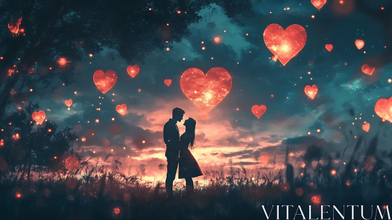 Silhouetted figures beneath luminous floating hearts.