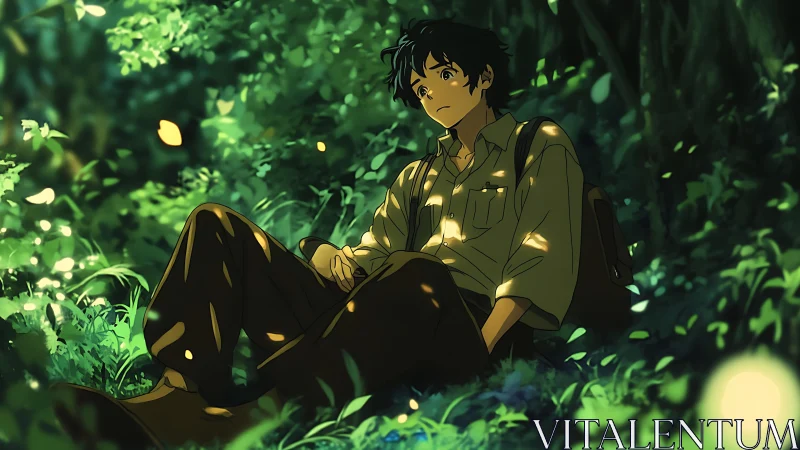 Forest daydreamer resting in dappled green hush.