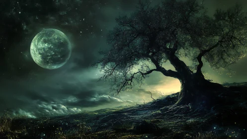 Solitary tree on lunar-lit hillside under dark green sky.
